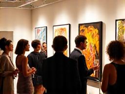 Art gallery opening with diverse attendees enjoying art