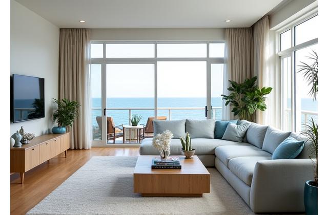 海の要素を取り入れた明るいリビングルームのインテリアデザイン