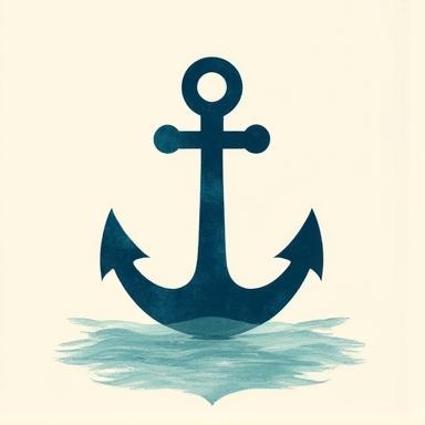 著作権保護のシンボルマーク。波間に浮かぶアンカーと保護された盾のイメージ。透明感のある海洋ブルーの背景